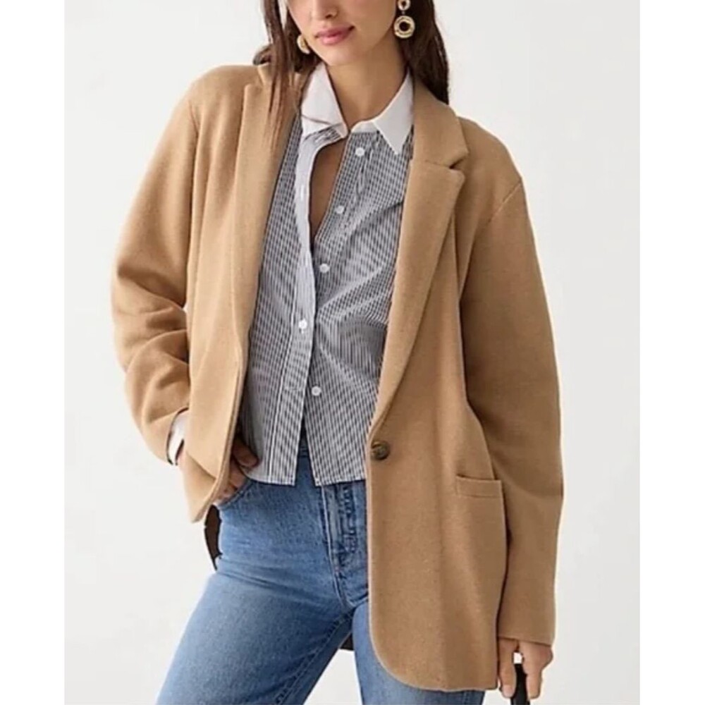 J Crew Sweater Blazer Womens XXS Camel Cecile Knit Oversized Old Money Cardigan